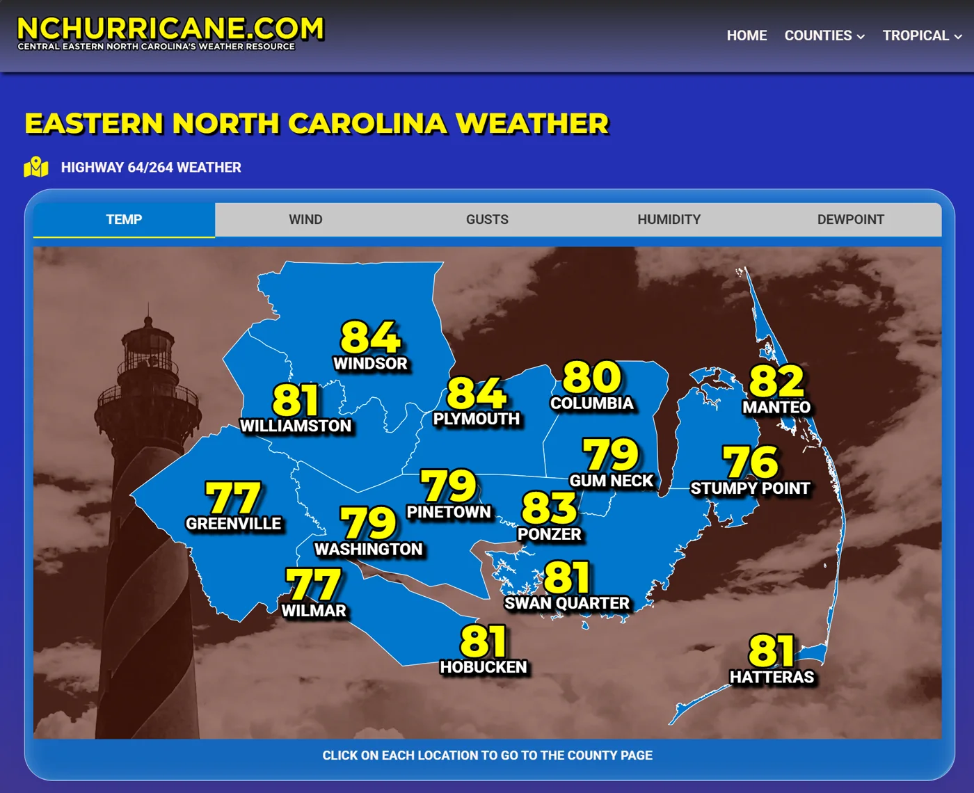 NCHurricane.com homepage showing eastern North Carolina temperatures on an interactive county map